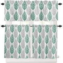 3 Piece Green Leaves Plant Kitchen Curtains, Tier and Valance Rod Pocket Window Curtains Set Grey Modern Art Cafe Curtains for Kitchen Valances Window Treatment 54X18in 27x24in×2