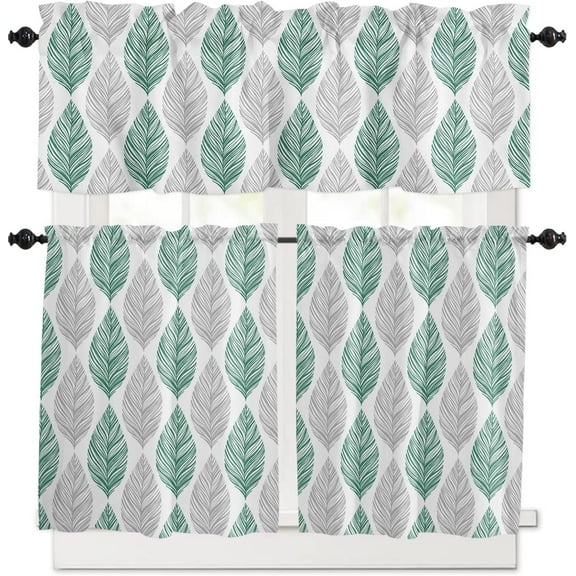 3 Piece Green Leaves Plant Kitchen Curtains, Tier and Valance Rod Pocket Window Curtains Set Grey Modern Art Cafe Curtains for Kitchen Valances Window Treatment 54X18in 27x24in×2