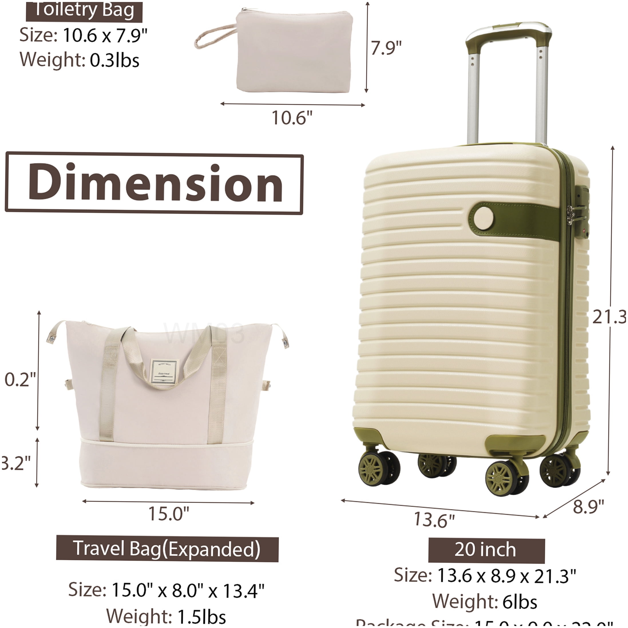 Airline Approved Carry On Luggage Set 3 Piece, Lightweight ABS Hardshell Suitcase with 360 Wheels and TSA Lock, White Green