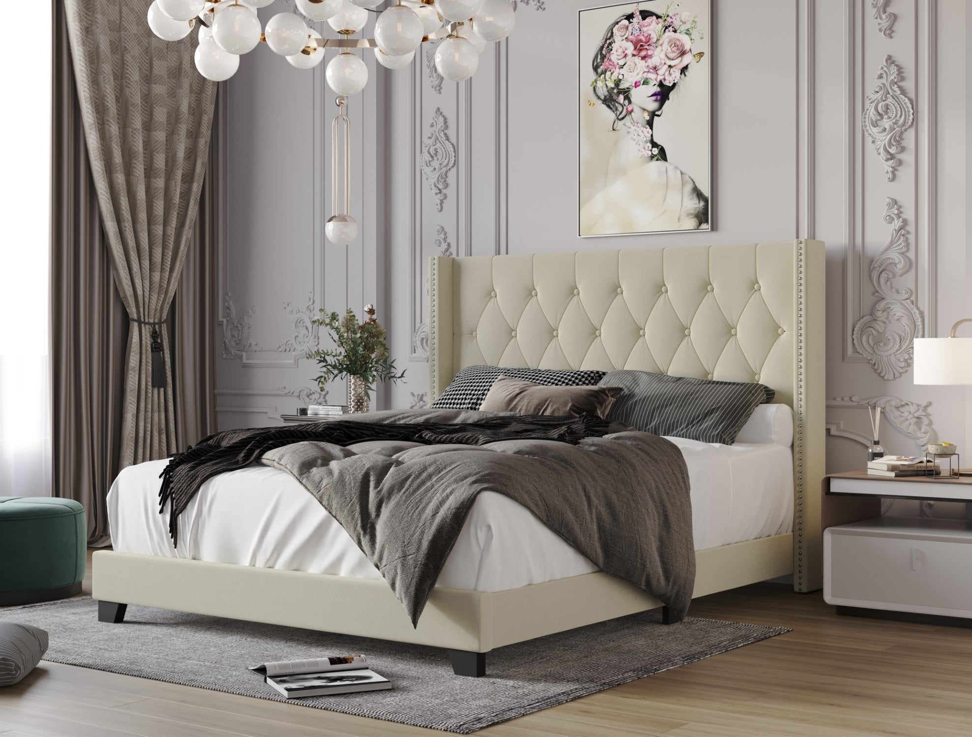 Home Design Brady Twin Tufted Wingback Upholstered Panel Bed Frame, Beige Polyester Blend
