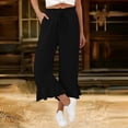 thumbnail image 7 of KLHDSF Pants For Women Drawstring Elastic Waist Cropped Pants with Pockets And Ruffle Hem Cotton Linen Solid Summer Trousers BlackL, 7 of 7