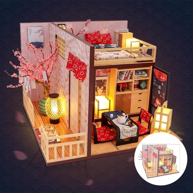 Casa de en miniatura con muebles, Sakura japonesa con muebles LED de juguetes Casa DIY de para del Salvador Casa de muñecas en miniatura