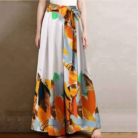 BUIgtTklOP Pants for Women,Plus Size Women Casual Loose Printing Patchwork Bow Wide Leg Casual Pants White M