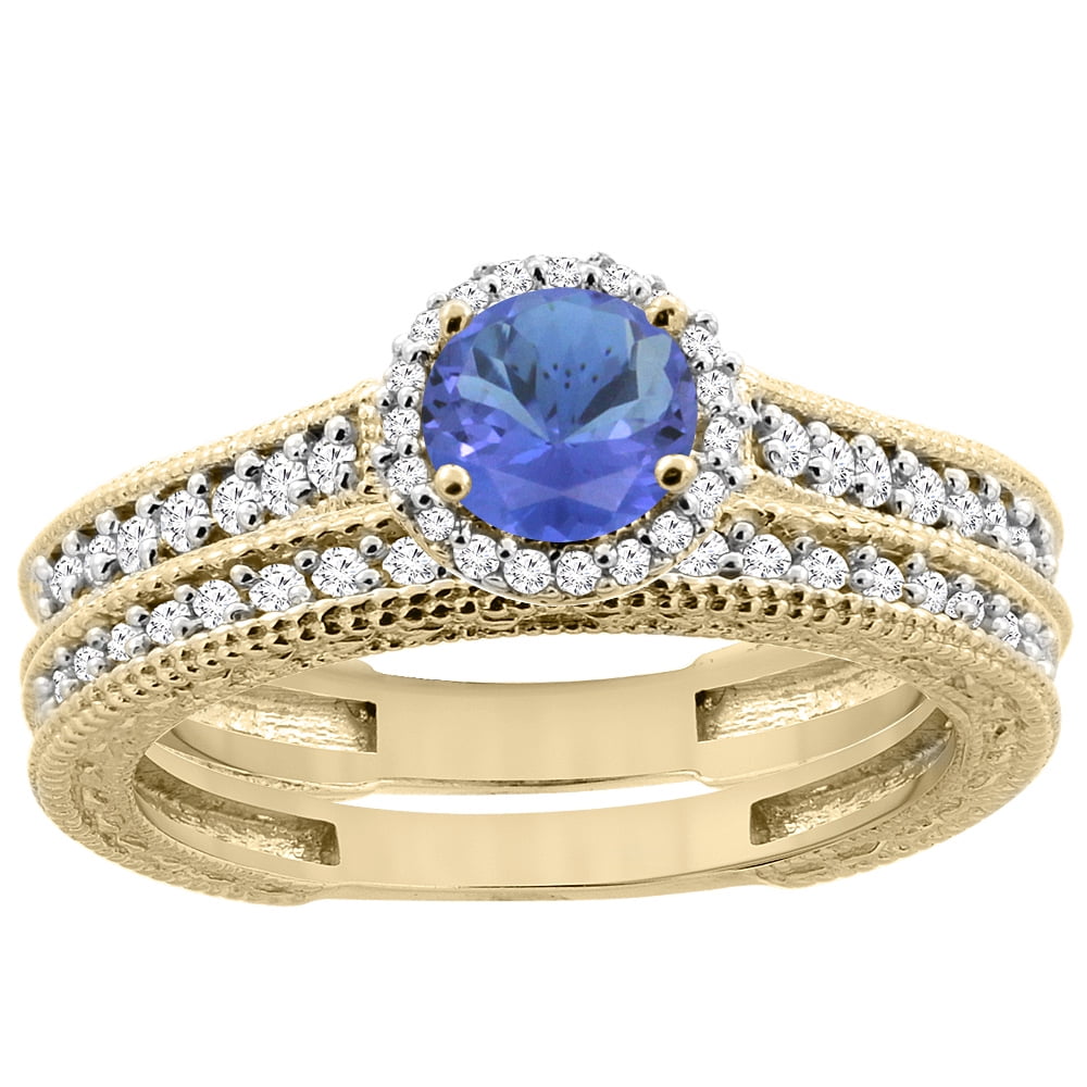 14K Yellow Gold Natural Tanzanite Round 5mm Engagement Ring 2-piece Set Diamond Accents, size 5.5 by Gabriella Gold