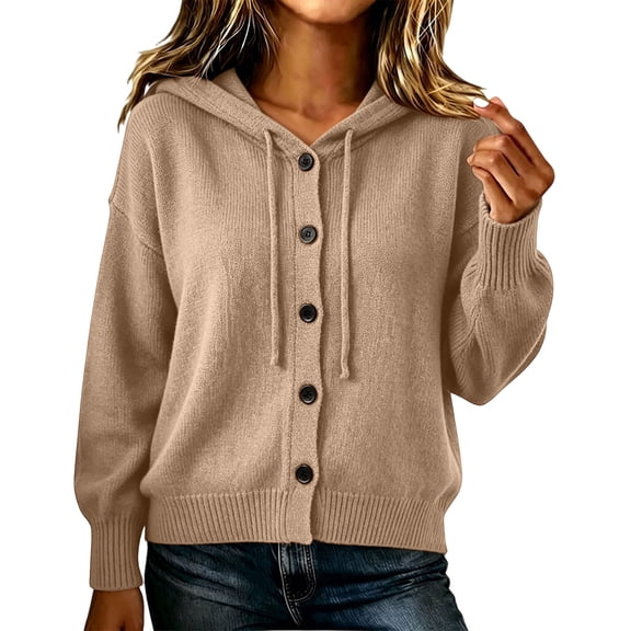 Maplenight Hooded Cardigans for Women Button Down Knit Sweater Long Sleeve Drawstring Casual Fall Lightweight Sweaters
