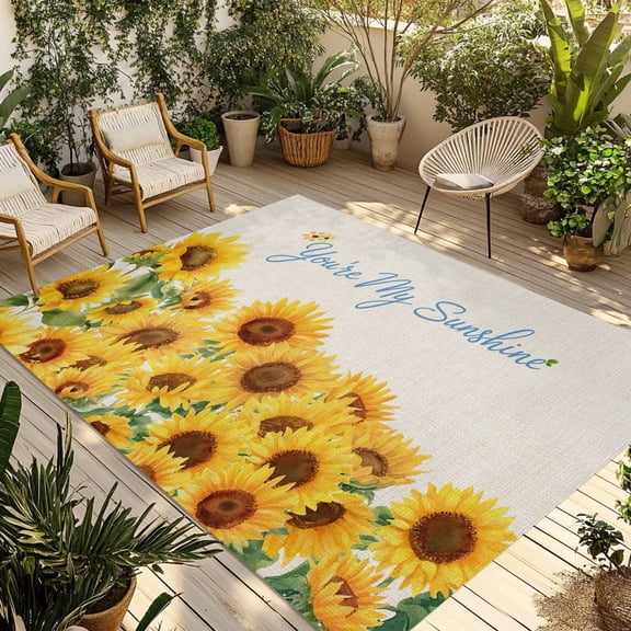 Yellow Sunflowers Outdoor Rug for Patio/Deck/Porch, Non-Slip Large Area Rug 5 x 8 Ft, Summer Floral Elegant Pastoral Botanical Indoor Outdoor Rugs Washable Area Rugs, Camping Rug Carpet Runner