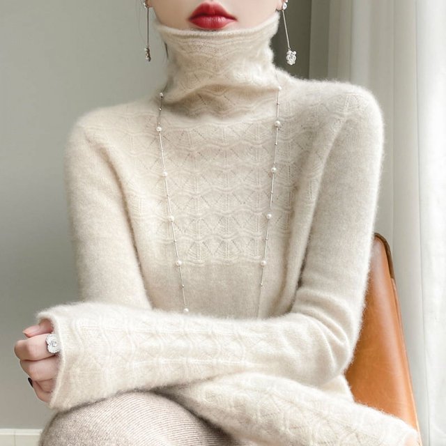 Suéter de lana con cuello alto para mujer, ropa de otoño e invierno lista para usar, suéter de cuello alto hueco, camisa de punto que combina con todo