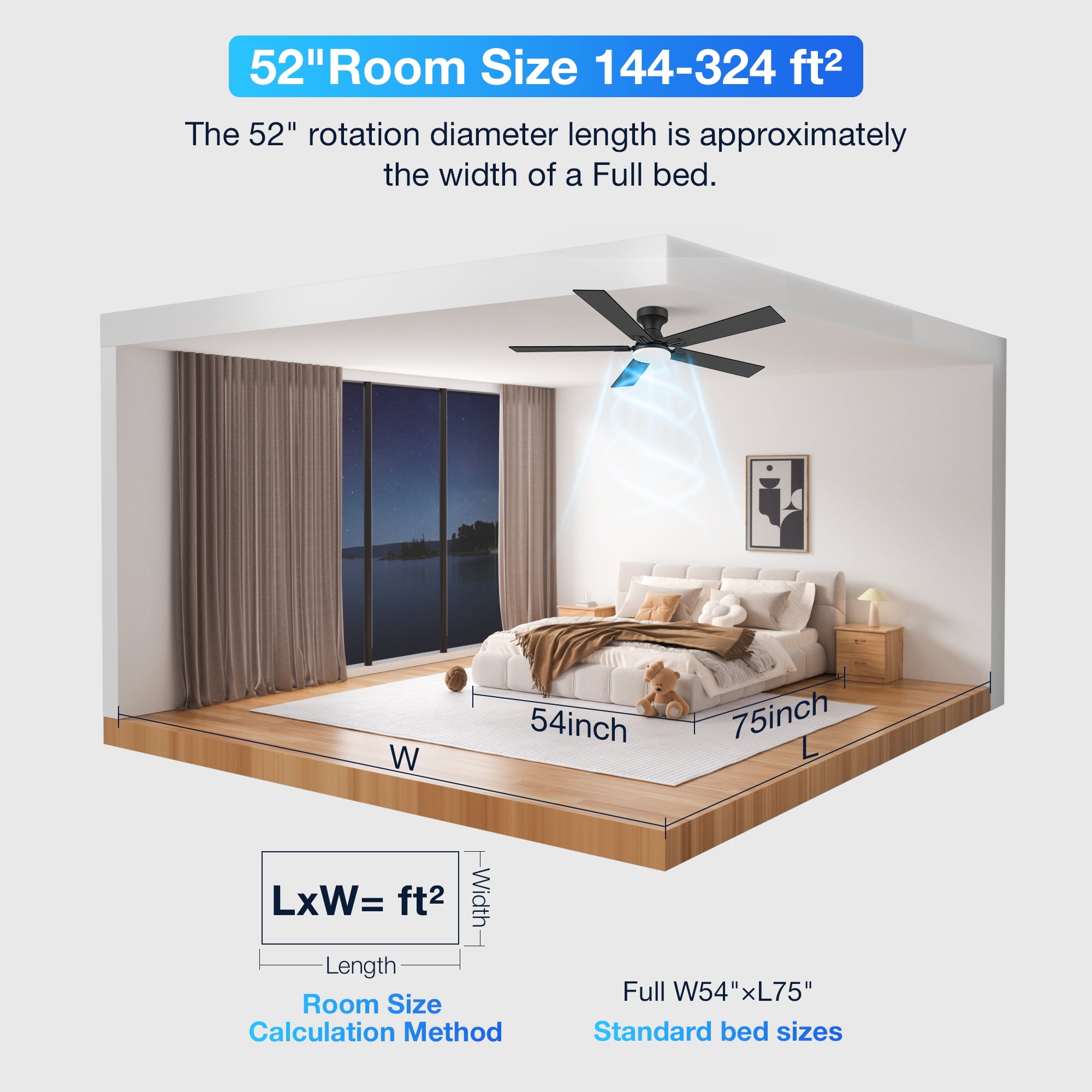 52” Smart Wood Flush Mount Ceiling Fans with Lights Remote,Quiet DC Motor,Outdoor Indoor Low Profile Ceiling Fan,Voice WIFI Alexa App Control,Dimmable,6-speed,for Modern Bedroom Patio