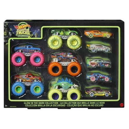 Hot Wheels Monster Trucks Glow In The Dark Multipack, 10 Toy 1:64 Vehicles: 5 Trucks & 5 Cars