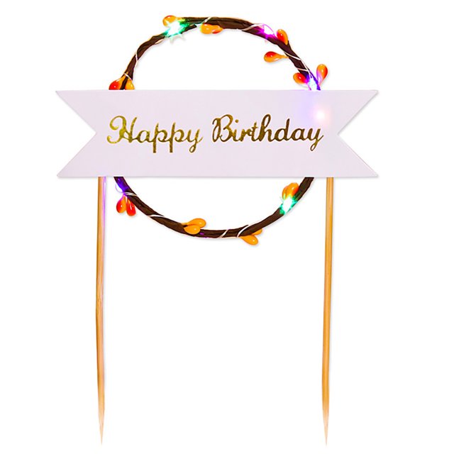 Coofit Birthday Cake Topper Novelty Rattan Wreath Cake Stick Cake Decoration with Light