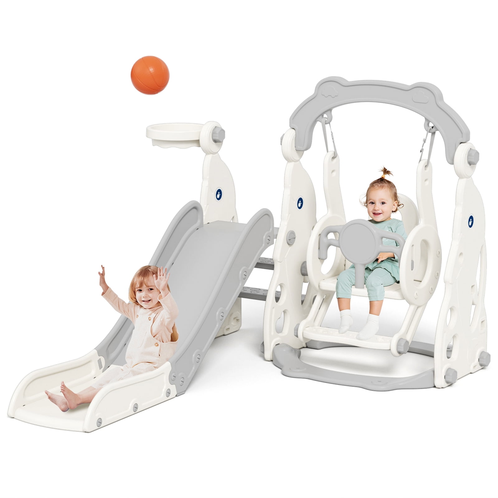 YUFU 4-in-1 Toddler Slide & Swing Set for Kids Age 1-3 with Basketball Playground Slide Indoor Outdoor Playset
