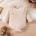 thumbnail image 5 of GYRATEDREAM Newborn Baby Girl Outfits Infant Ruffle Long Sleeve Ribbed Romper Corduroy Suspender Skirt Overall Dress Toddler Fall Winter Clothes Apricot for 0-18M, 5 of 8