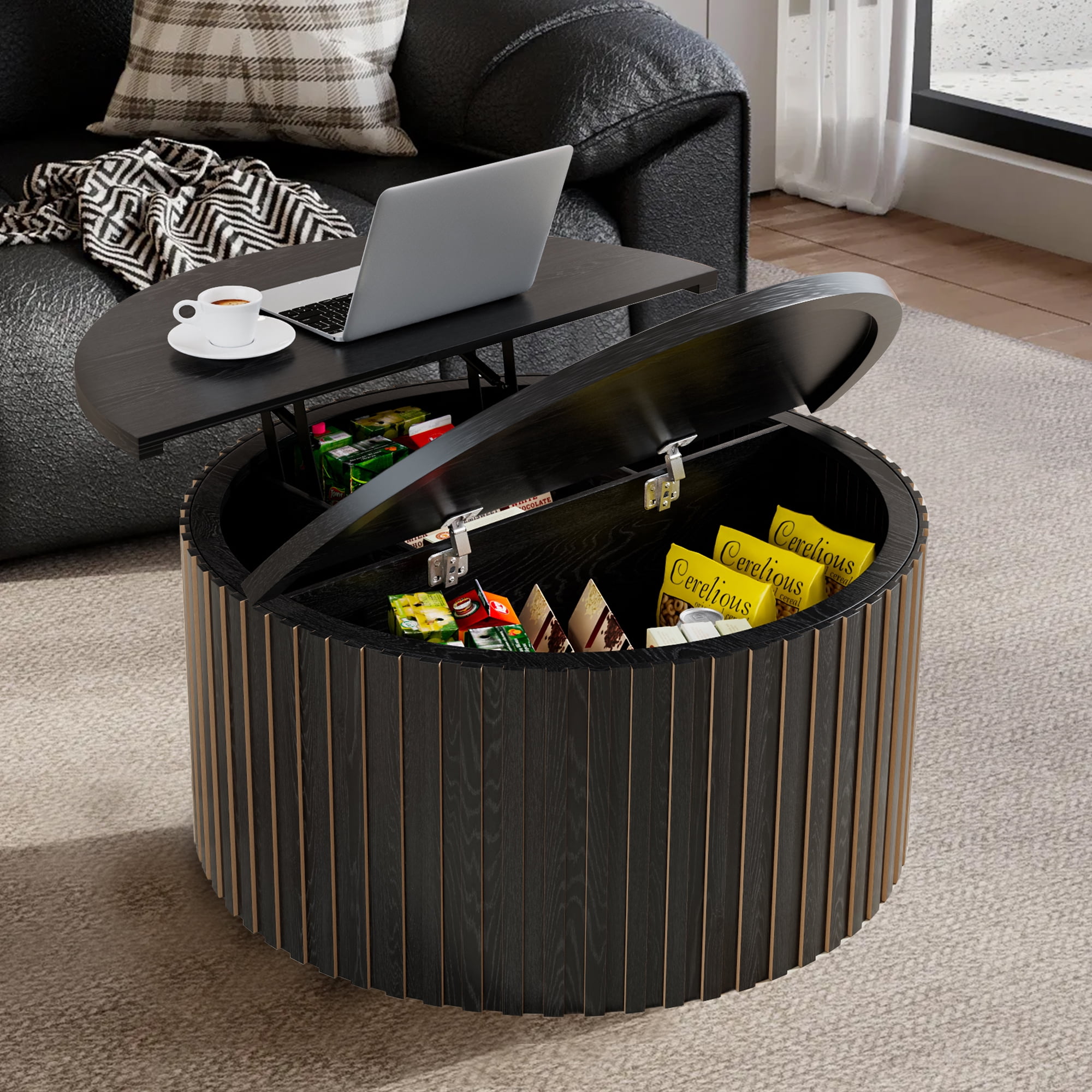Round Coffee Tables for Living Room, Lift Top Coffee Table with Storage, Round Wood Center Table