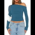 thumbnail image 1 of Blusa Informal de Larga con Cuello y Hombros Descubiertos para Mujer, Ajustada, para Salir, Estilo Y2K Azul Vaquero XL, 1 of 7