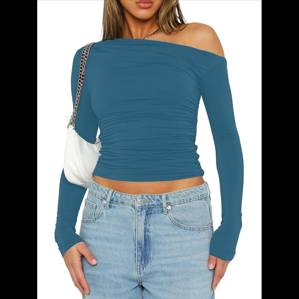 Blusa Informal de Larga con Cuello y Hombros Descubiertos para Mujer, Ajustada, para Salir, Estilo Y2K Azul Vaquero XS