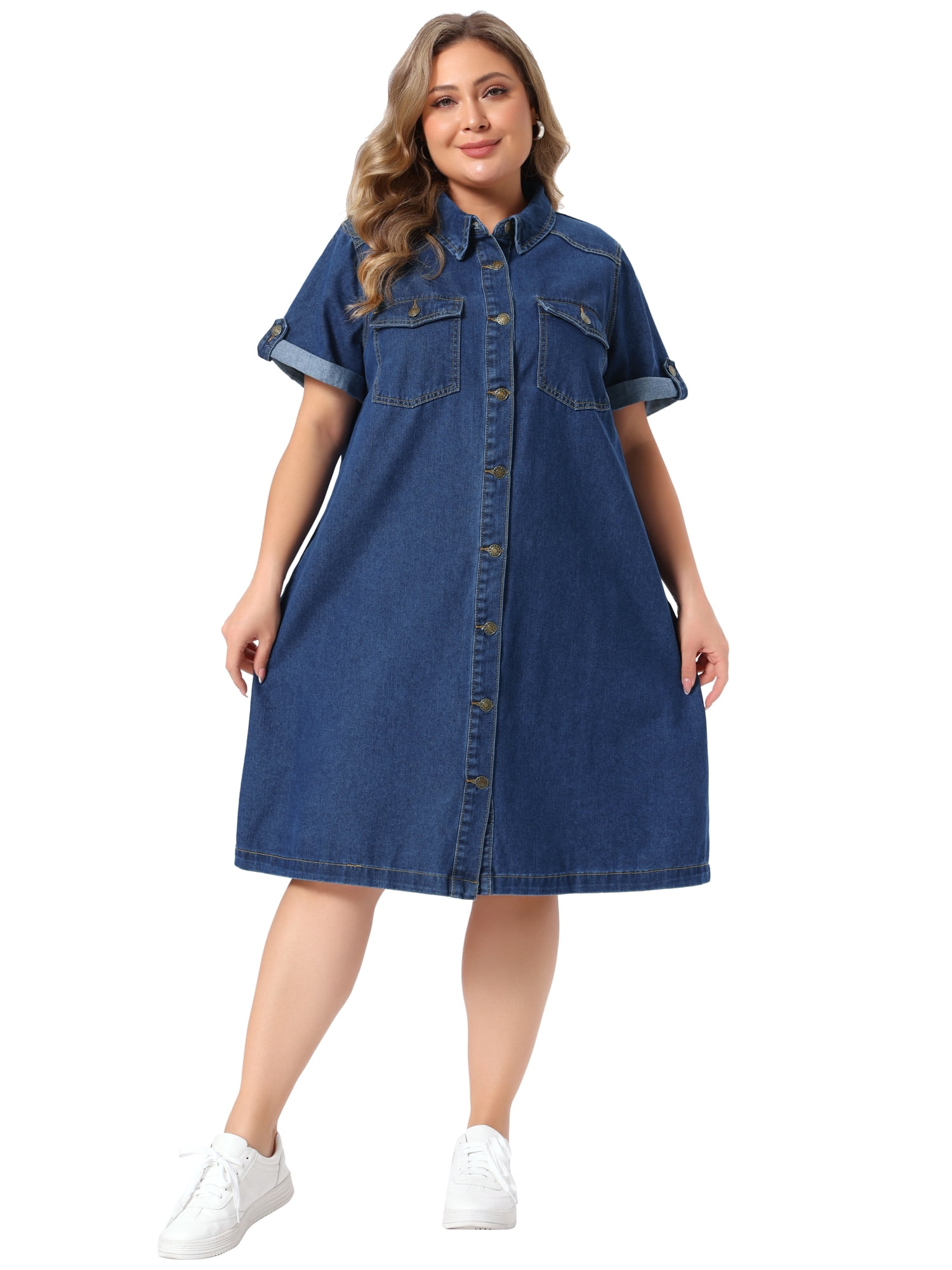 DARING DIVA Women's Plus Denim Button Down Short Sleeve Dress 1X Dark Blue