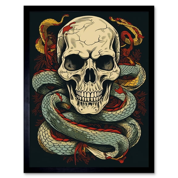 Skull Snakes Old School USA Tattoo Ink Body Art Rockabilly Americana 50s Art Print Framed Poster Wall Decor 12x16 inch