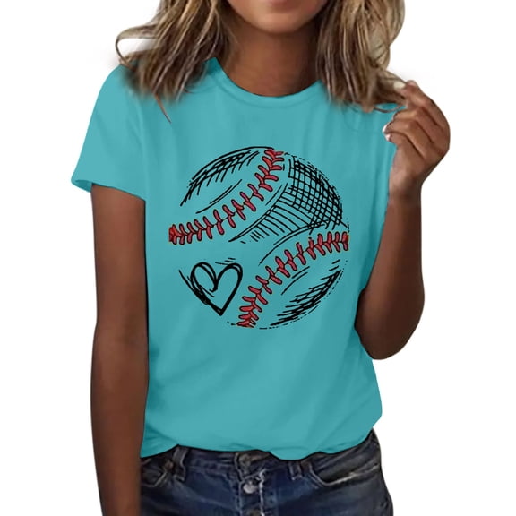 T Shirts For Women Womens Tops Fashion Casual Baseball Printed Round Neck Top Short Sleeve T Shirt