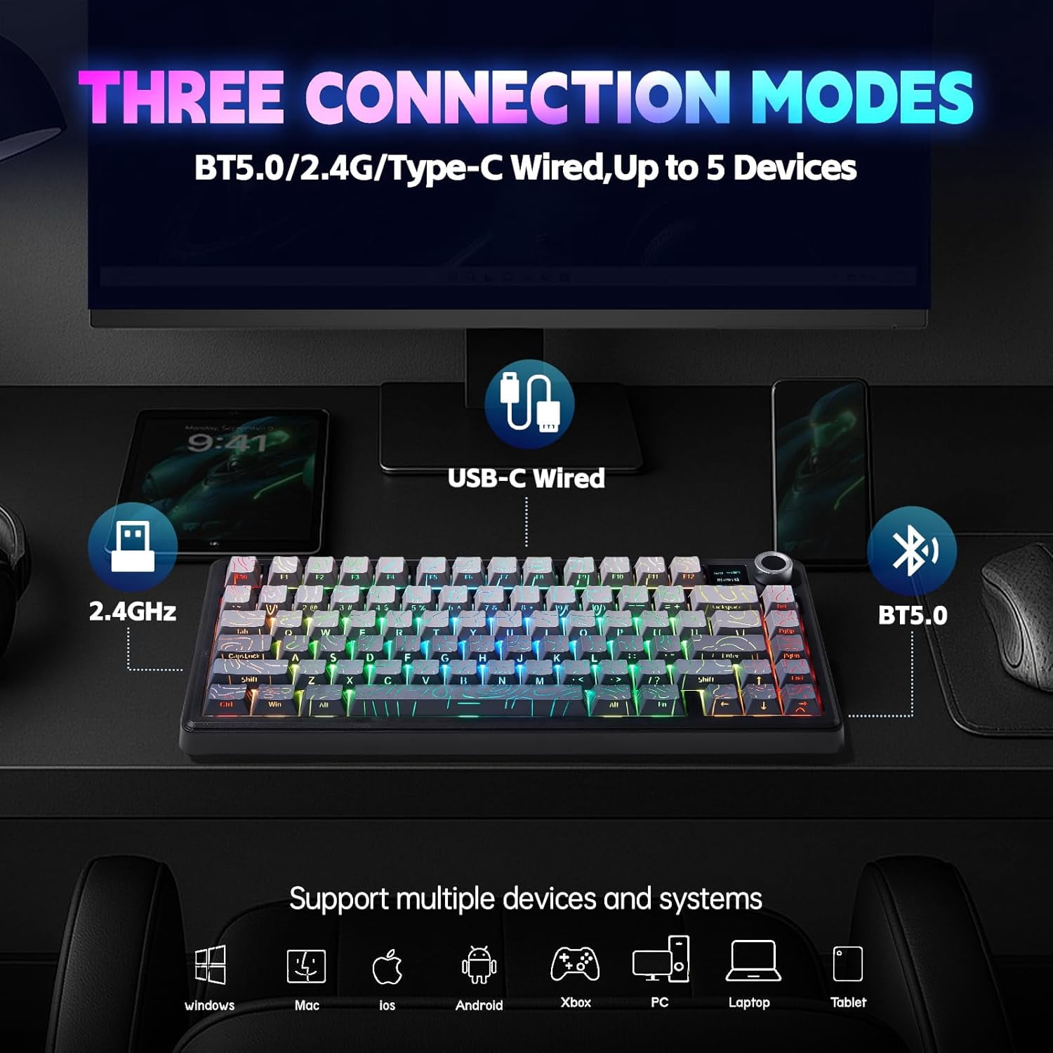 AULA F75 Max, 81-Key, Wireless, Hot Swappable, Mechanical Gaming Keyboard, RGB, Knob, 4000 mAH Battery, Digital Screen