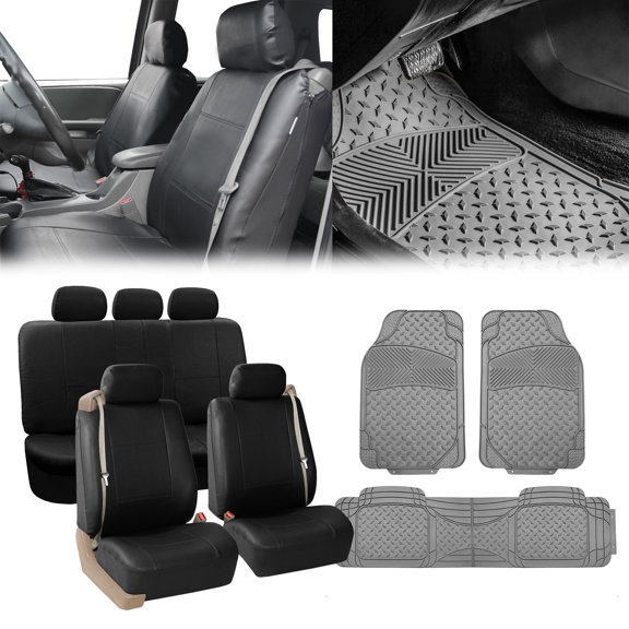 FH Group PU Leather Integrated Seatbelt Seat Covers, Full Set with Heavy Duty Gray Floor mat, Black