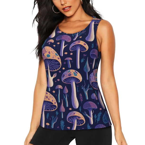 Fotbe Floral Hippie Mushrooms Blusas Sin Mangas para Mujer – Estilo Casual, Corte Suelto, Slim-Fit, Cuello Redondo Deportivo, Tops de Verano para Gimnasio y Yoga-Medium