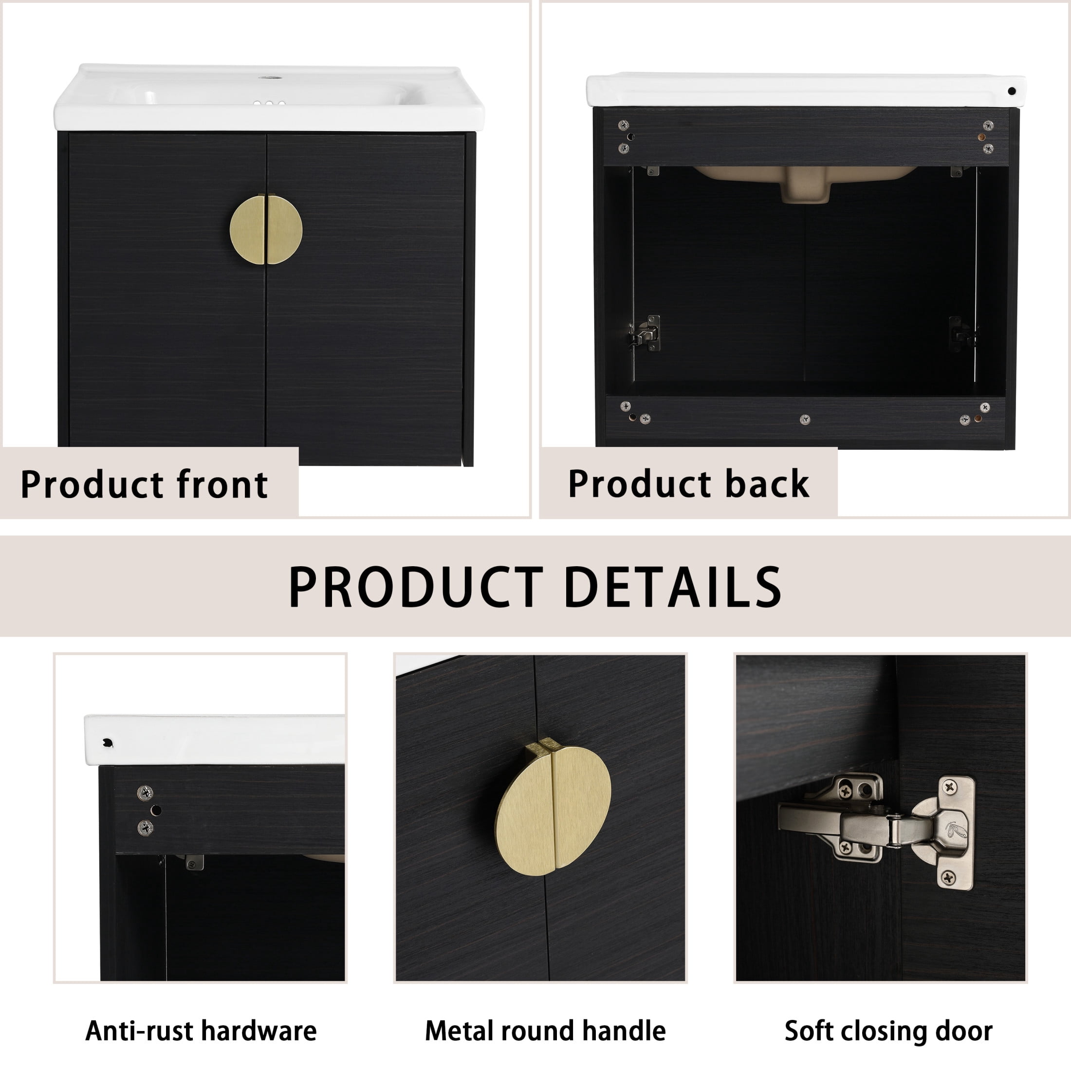 Noble House 24" Wall-Mounted Bathroom Vanity, Soft-Close Doors, Ceramic Sink, Metal Handles, Eco Plywood, Black