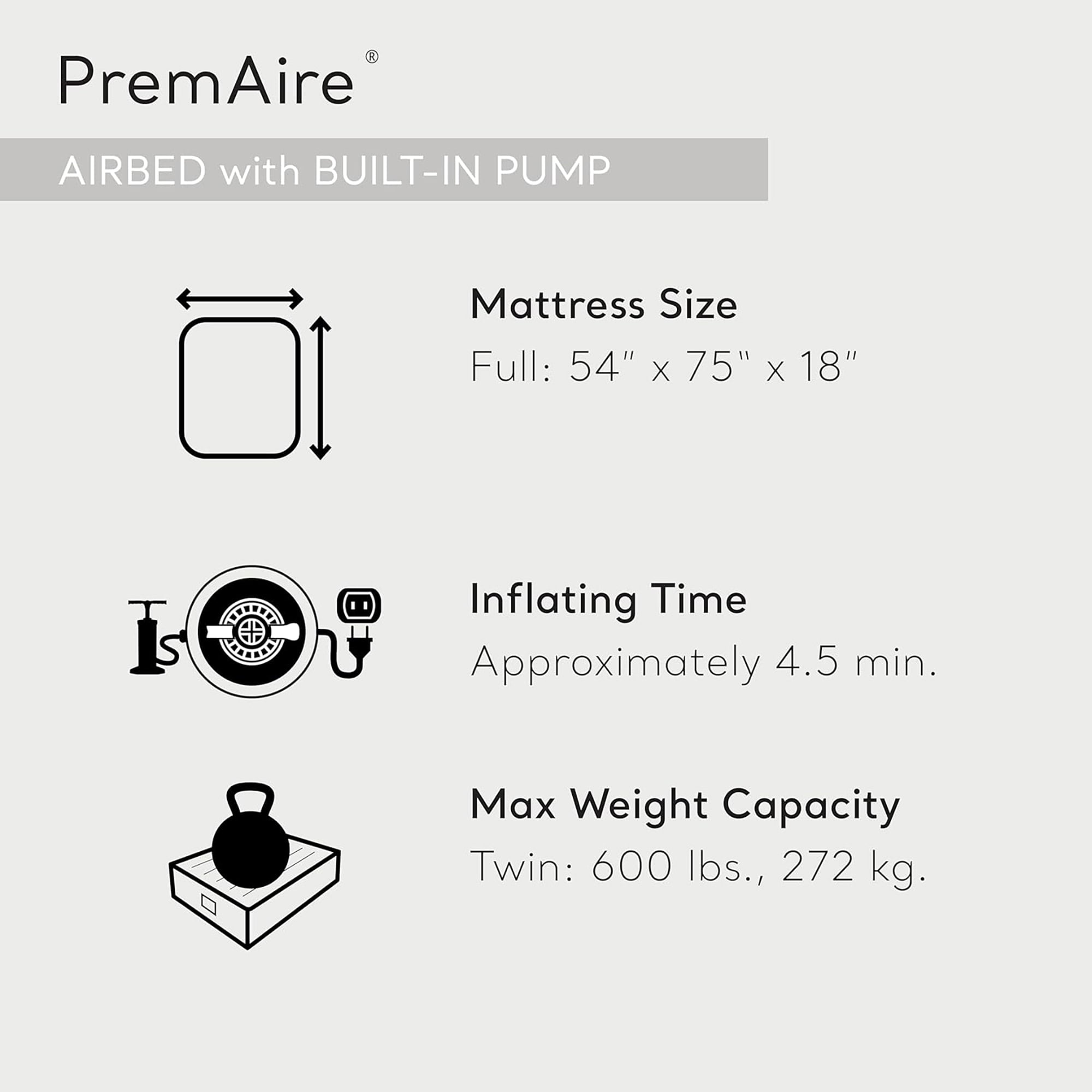 Intex: PremAire I Elevated Airbed - Full - Gray, 18" Inflatable Air Mattress, Built-In Electric Pump, Fiber-Tech, Carry Bag, 600lb Cap, 64903ED
