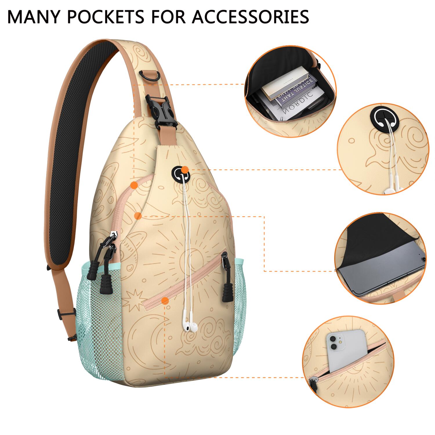 Astral Gothic Sun and Moon Sling Bag Gothic Black and Gold Moon Chest Bag Versatile Wear for Men & Women, Hands-Free Option