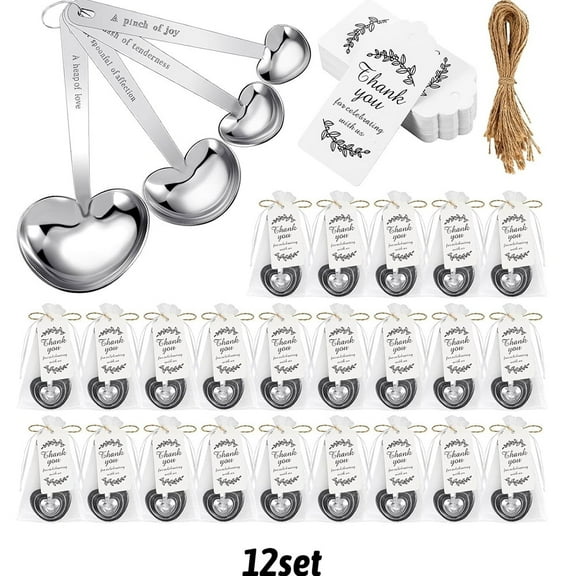 WSBArt 12 Sets Holiday Party Measuring Spoon Gift Set in Silver Stainless Steel with Heart Shaped Design and Decorative Yarn Bag for Various holidays Baking Cooking and Kitchen Essentials