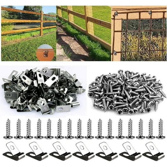Tutuviw 100Pcs Wire Fence Clips Fence Wire Clamps,Cattle Panel Clamps with 100 Pcs Screws, Stainless Steel Agricultural Fencing Mounting Clips Fit 12-16 Gauge Welded Wire to Wood,Metal or Vinyl