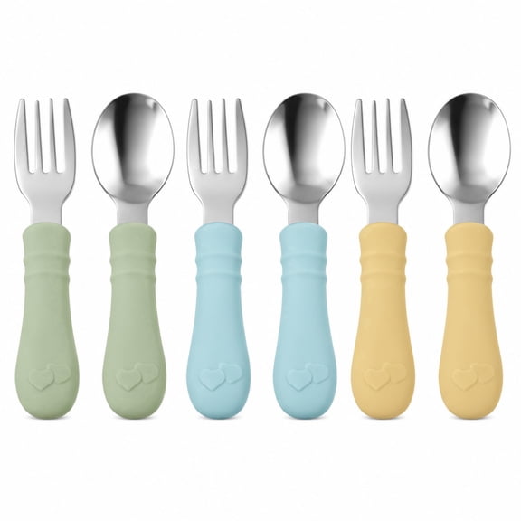 HuaYunJia 6 Pack Toddler Fork and Spoon Set, Silicone Handles and Stainless Steel, Toddler Silverware,Multicolor