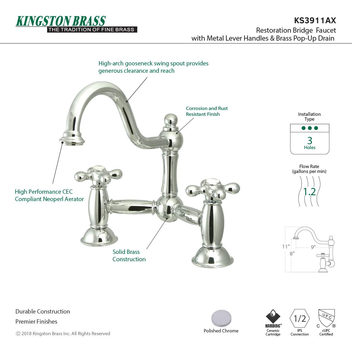 Kingston Brass KS3911AX Restoration Bathroom Bridge Mounted Faucet, Polished Chrome