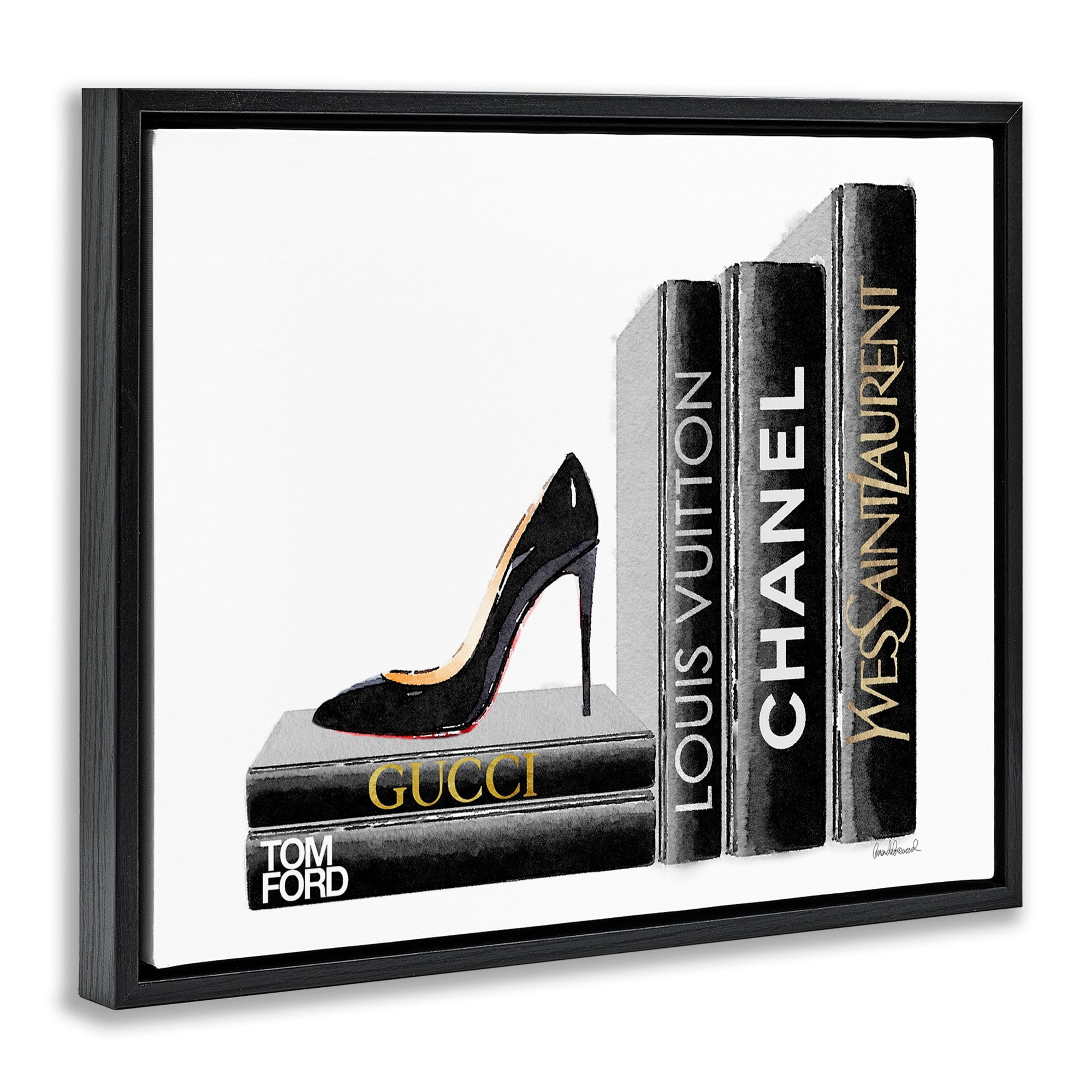 Stupell Industries High Fashion Black Book Shelf with Stilettos Heel Jet Black Framed Floating Canvas Wall Art, 24x30, by Amanda Greenwood