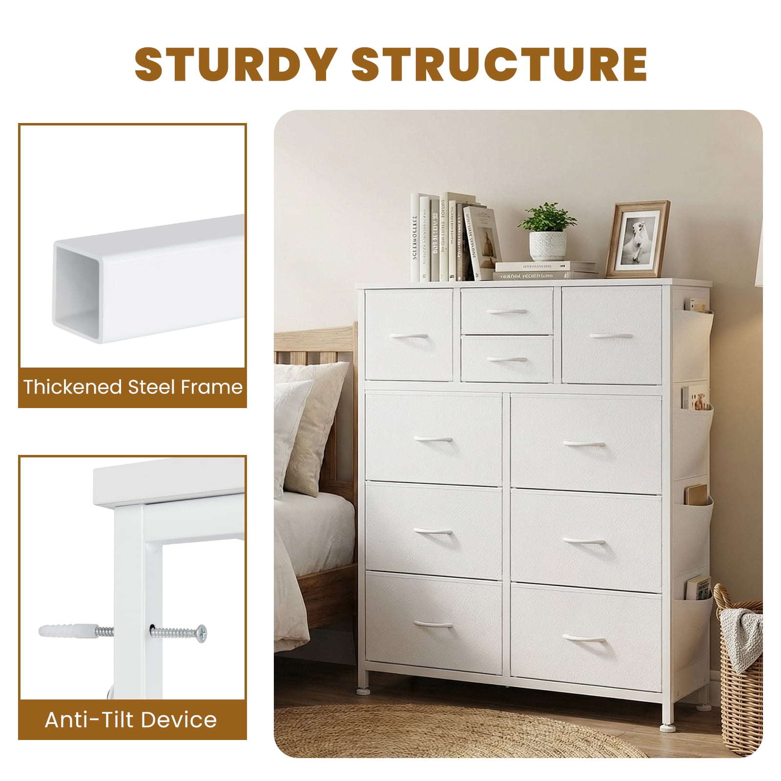 CONCETTA Dresser Storage with 10 Drawers,Storage Organizer for Closet, Wood Top for Bedroom, Living Room, White