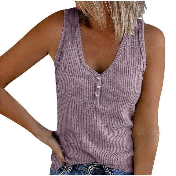 Timegard Tank Tops for Women Ribbed Deep V-Neck Button Slim Casual Sleeveless Shirts Basic Cami Top
