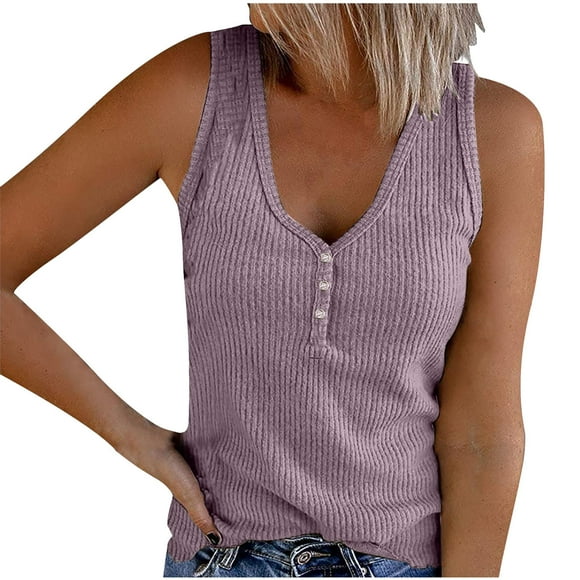 Timegard Tank Tops for Women Ribbed Deep V-Neck Button Slim Casual Sleeveless Shirts Basic Cami Top