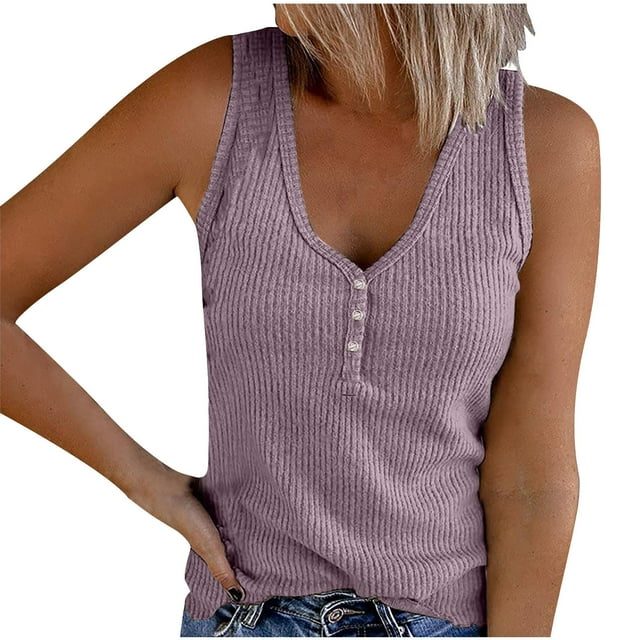 AherBiu Ribbed Tank Tops for Women 2024 Summer Knitted Slim Fitted Camis Stretchy Comfy Button V Neck Tops