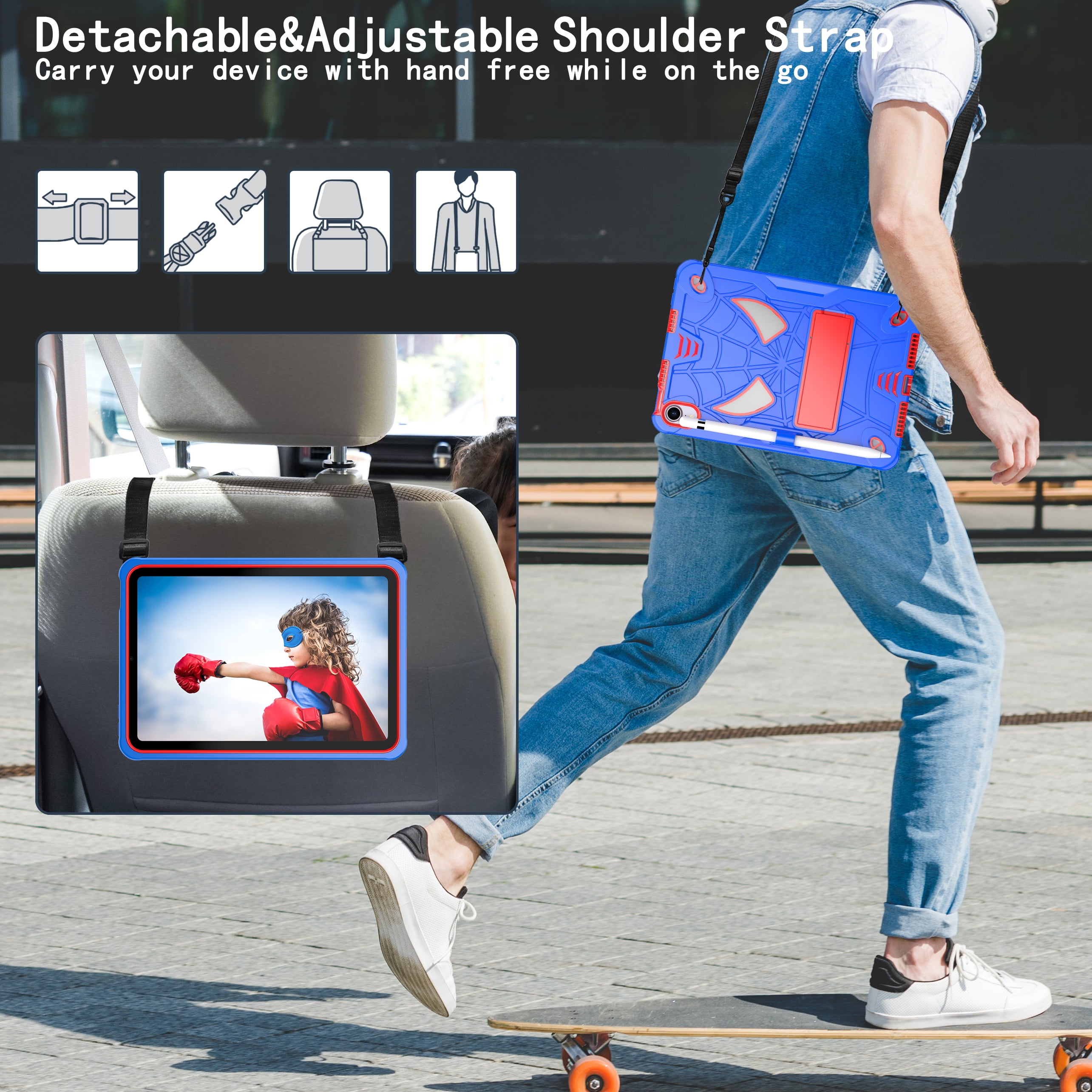 TECH CIRCLE for iPad Mini 8.3" (A17 Pro), iPad Mini 6 (8.3") 3-Layer Rugged Shockproof Case with Shoulder Strap, Built-in Kickstand, Pencil Holder, Cute Spider Heavy Duty Tablet Cover, Blue Red