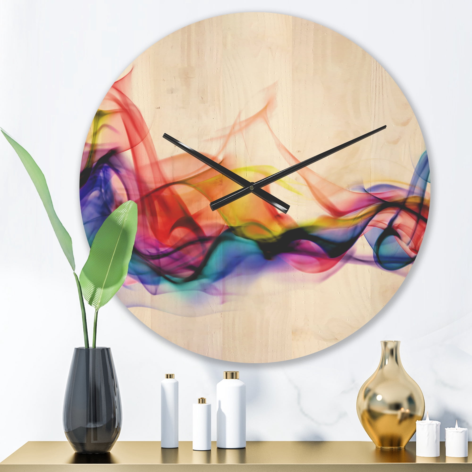 Designart 'Abstract Red Blue and Gold Smoke ' Modern Wood Wall Clock