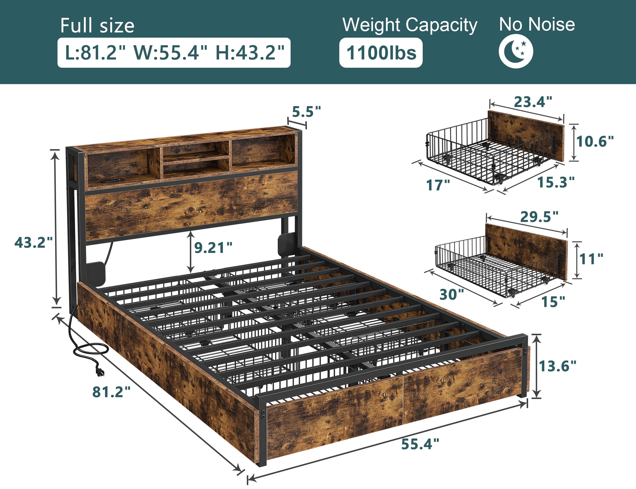 EnHomee Full Bed Frame with Headboard Metal Bed Frame with 6 Storage Drawers &  Charge Station
