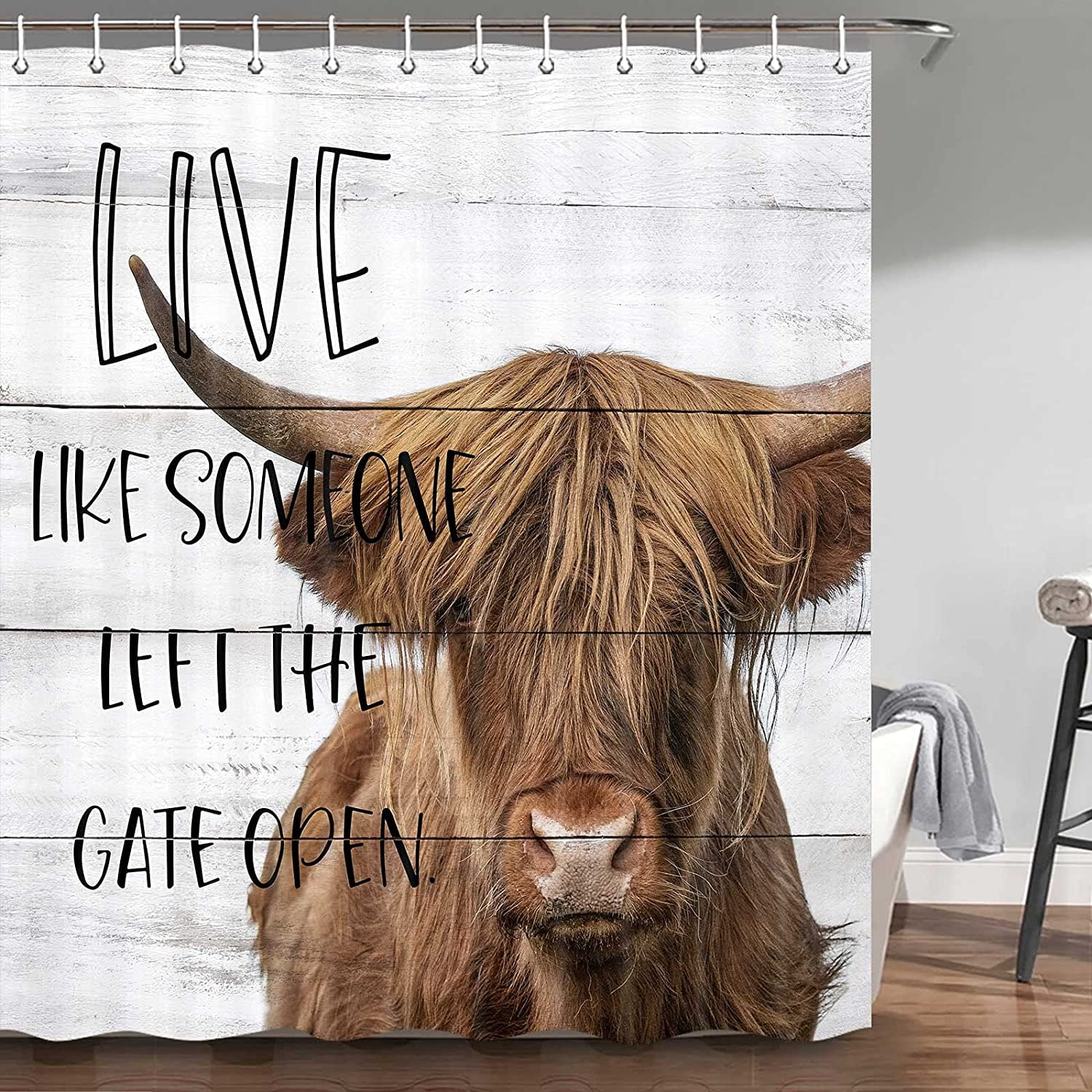Rustic Wooden Shower Curtain Sets, Cow Shower Curtain Hooks
