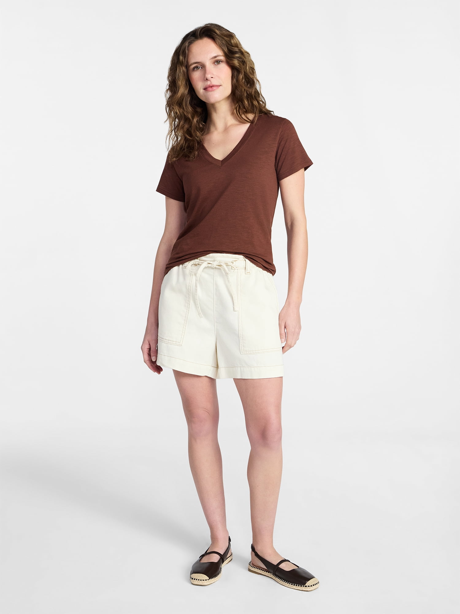Time and Tru Women's Slub V Neck Tee with Short Sleeves, Sizes XS-XXXL