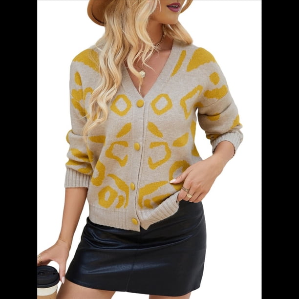 Cárdigan con Estampado de Leopardo para Mujer, Cuello en V, Larga, Bloque de Color, Suéter con Botones, Prenda Exterior Albaricoque XL