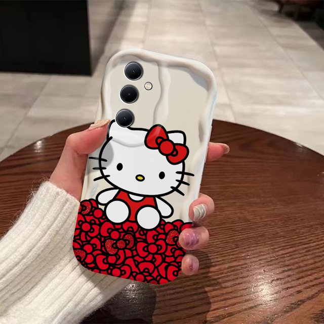 Red Cute Hello Kitty Cartoon 3D Wave Phone Case For Samsung Galaxy S24 S23 S21 S20 FE Plus Ultra 4G 5G Soft Silicone Back Cover