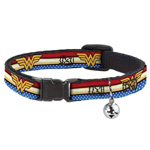 DC Comics Breakaway Cat Collar With Bell, Plastic Clip, Easy Adjustable, Wonder Woman Logo Stripe Stars Red Gold Blue White, 8.5 to 12 Inches 0.5 Inch Wide
