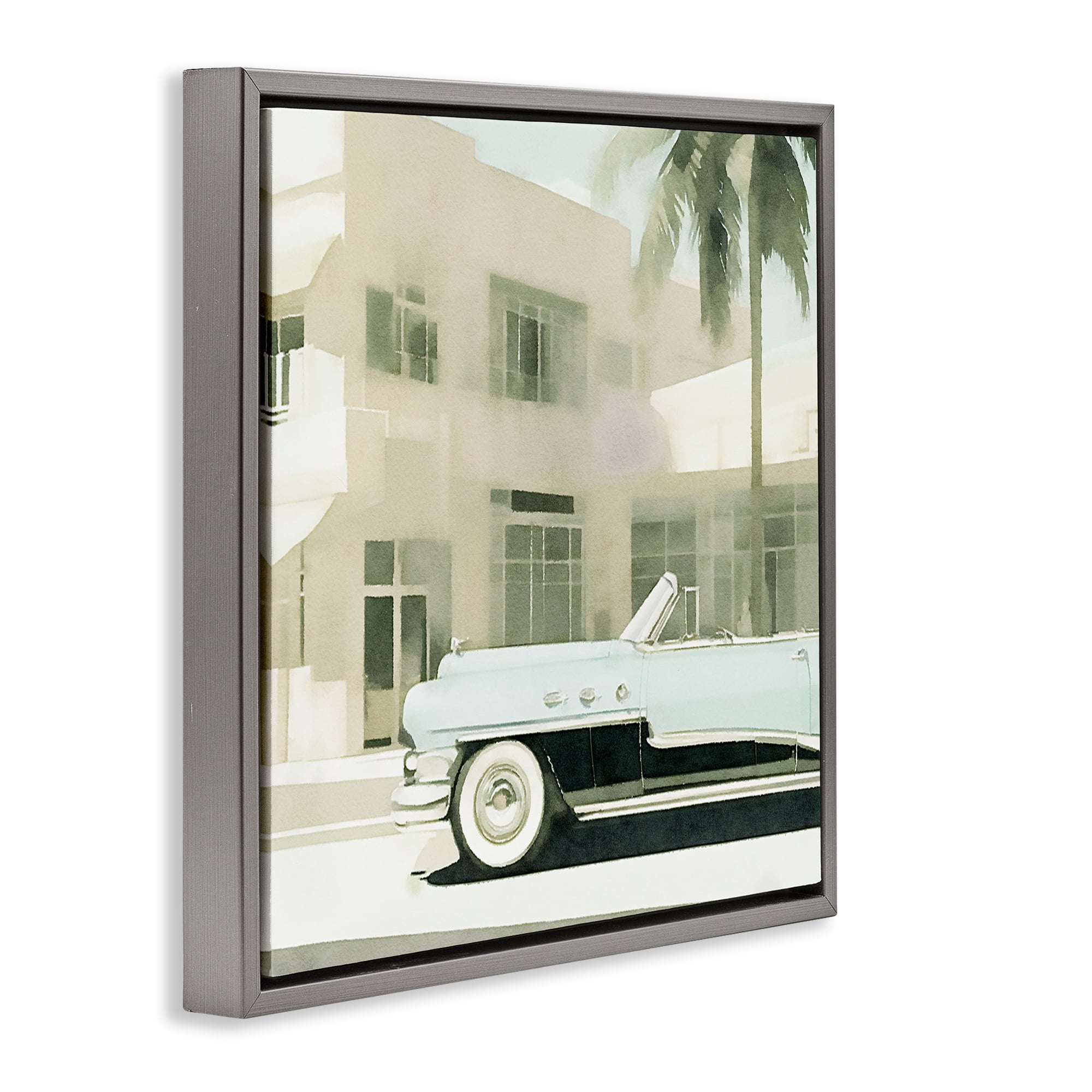 Stupell Industries Miami Car & Palm Tree Transportation Painting Gray Floater Framed Canvas Art Print Wall Art, 18 x 18
