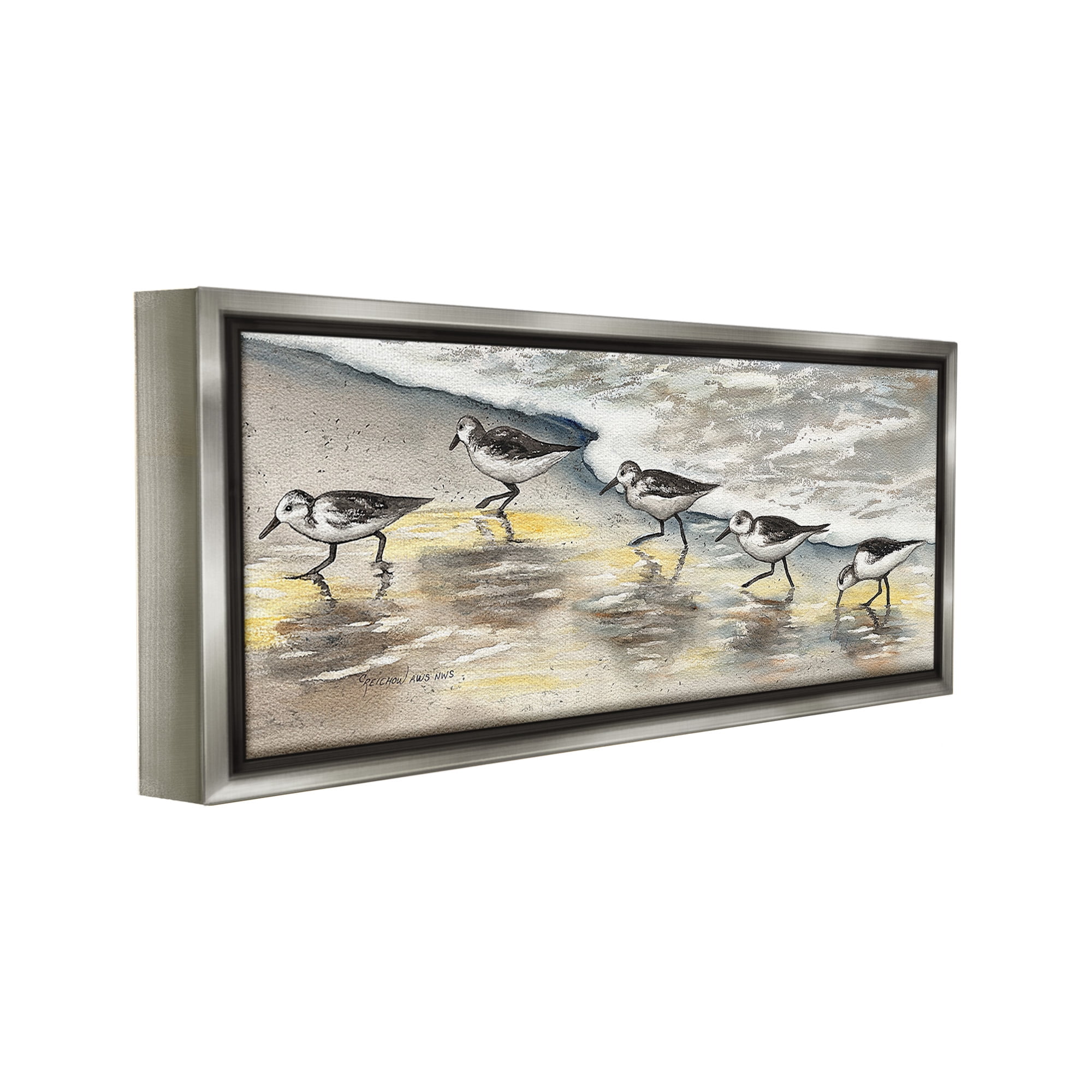 Stupell Industries Sunlit Birds & Beach Foam Animals & Insects Painting Gray Floater Framed Canvas Art Print Wall Art, 25 x 11