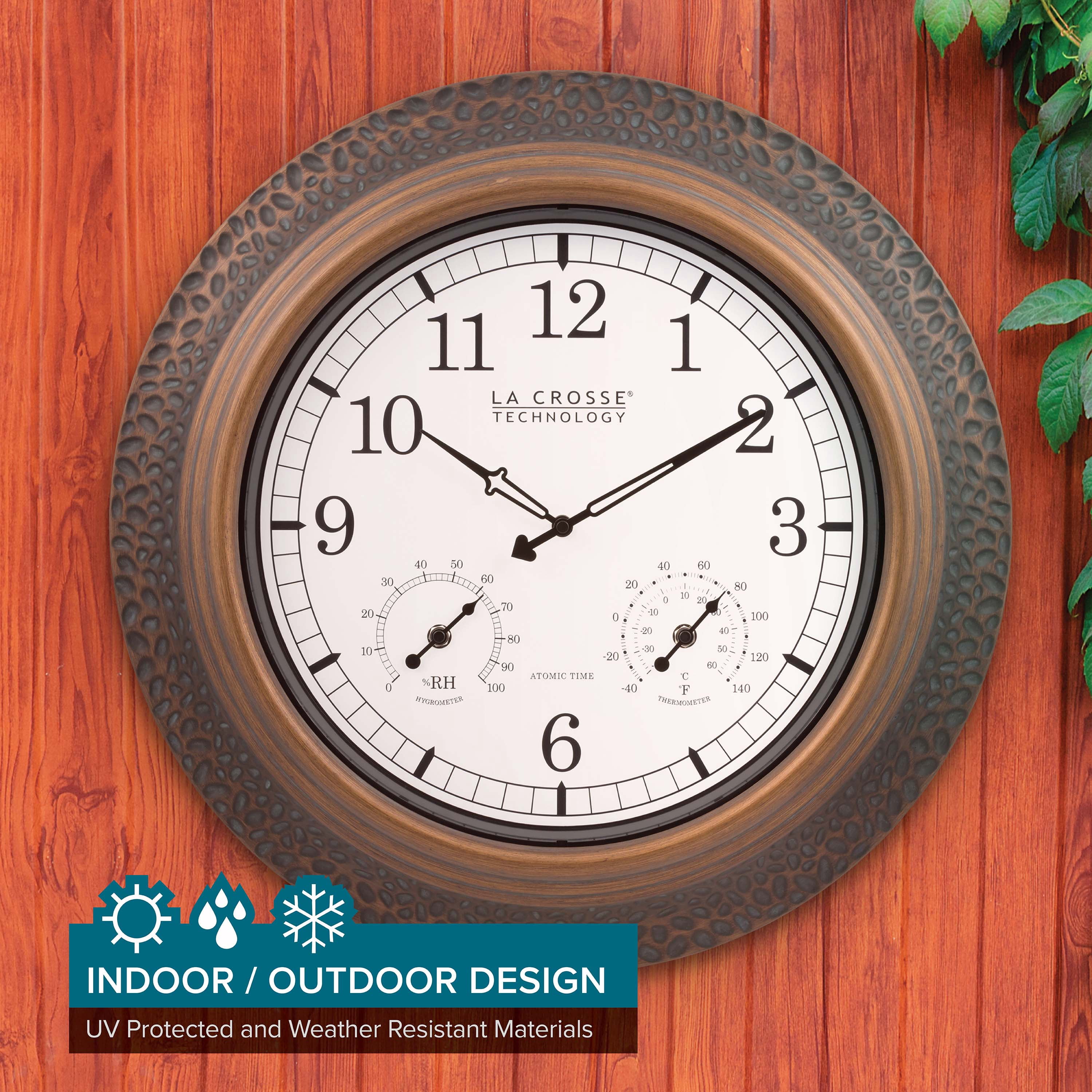 La Crosse Technology 21 inch Indoor/Outdoor Atomic Metal Wall Clock with Temp & Humidity, 433-3256A-INT