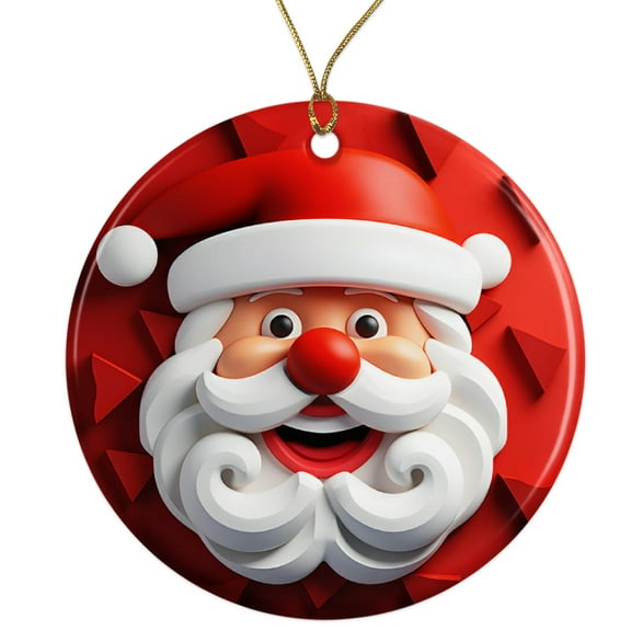 Geometric Santa Ceramic Ornament - Simple Aesthetic Christmas Decor - 3 Inch Christmas Tree Round Ornament - Xmas Holiday Decor - String Included - ORNW0096