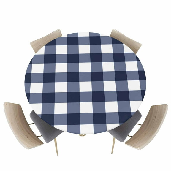Blue and White Checkerboard Fitted Round Tablecloths Elastic Edged Table Covers 36"-44",Stripe Buffalo Plaid Waterproof Dining Room Table Cloth for Kitchen Holiday Party Tables Decor